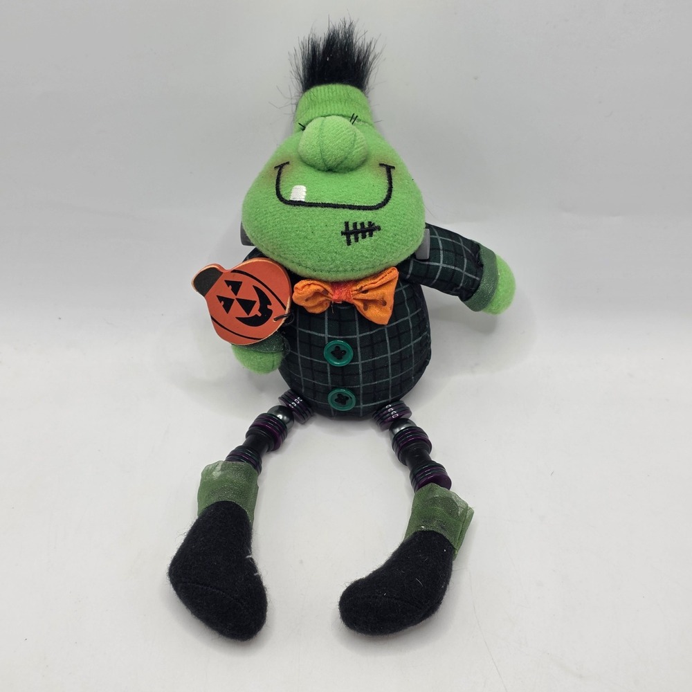 Frankenstein Plush Halloween Shelf Sitter Beaded Legs Plaid Suit Pumpkin Decor